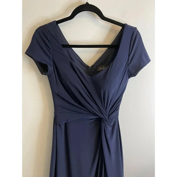 La Femme V-Neck Cap Sleeve Jersey Gown Ruching Navy Blue Formal Women’s 6 - Picture 5 of 7